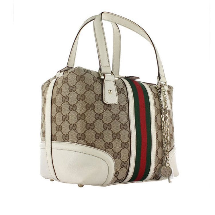 brown square handbag with green stripes for fashion accessories product photography example