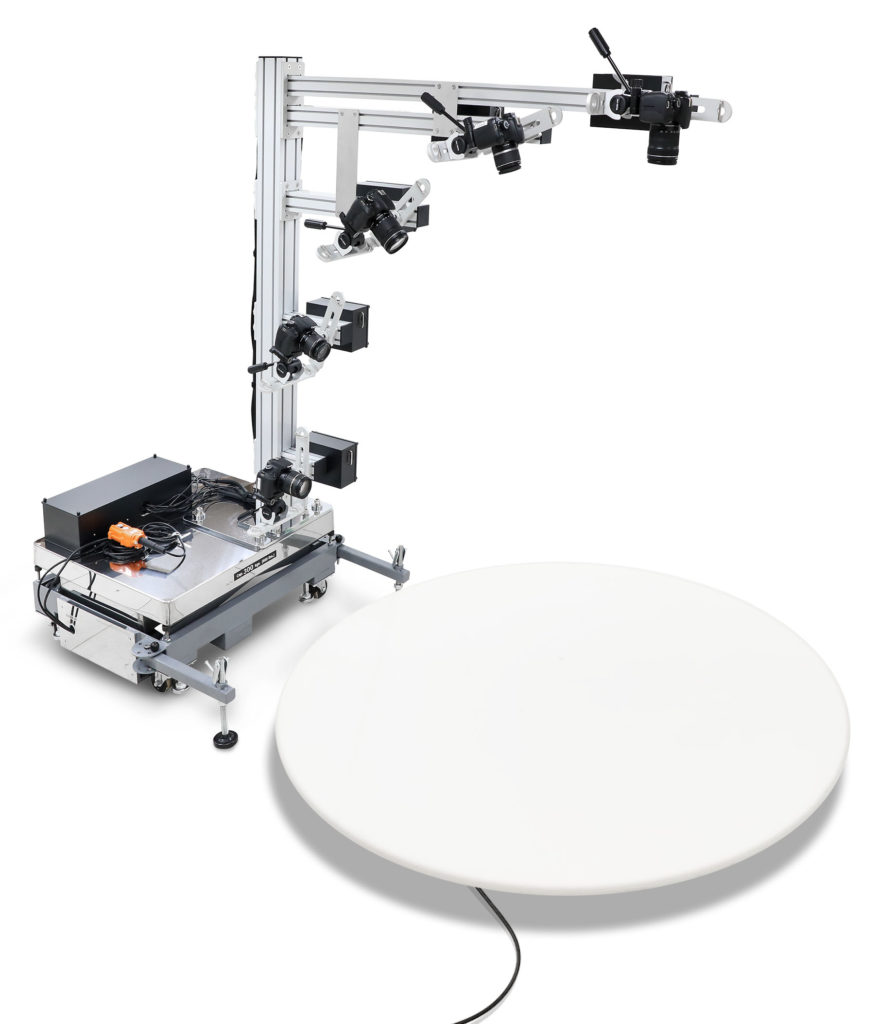 Ortery 3D MultiArm 3000 shown with 360 photography turntable. 