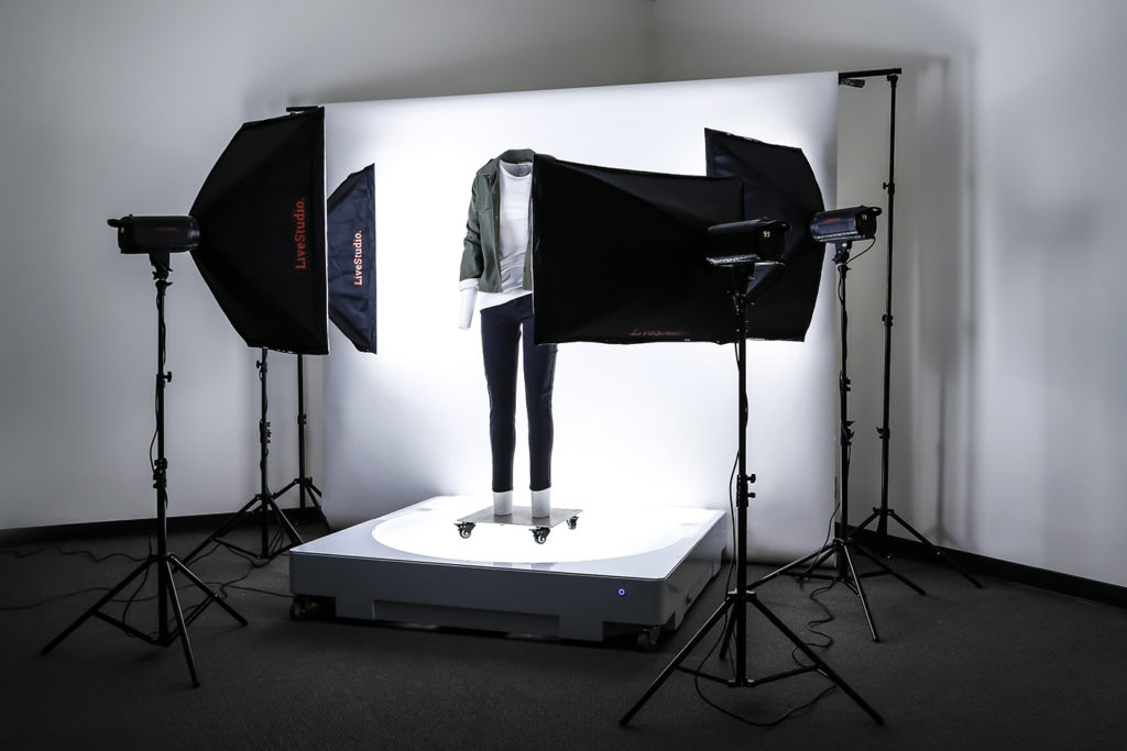 Ortery large software-controlled and bottom-lit 360 product photography turntable paired with LiveStudio works great for both live models and mannequins.